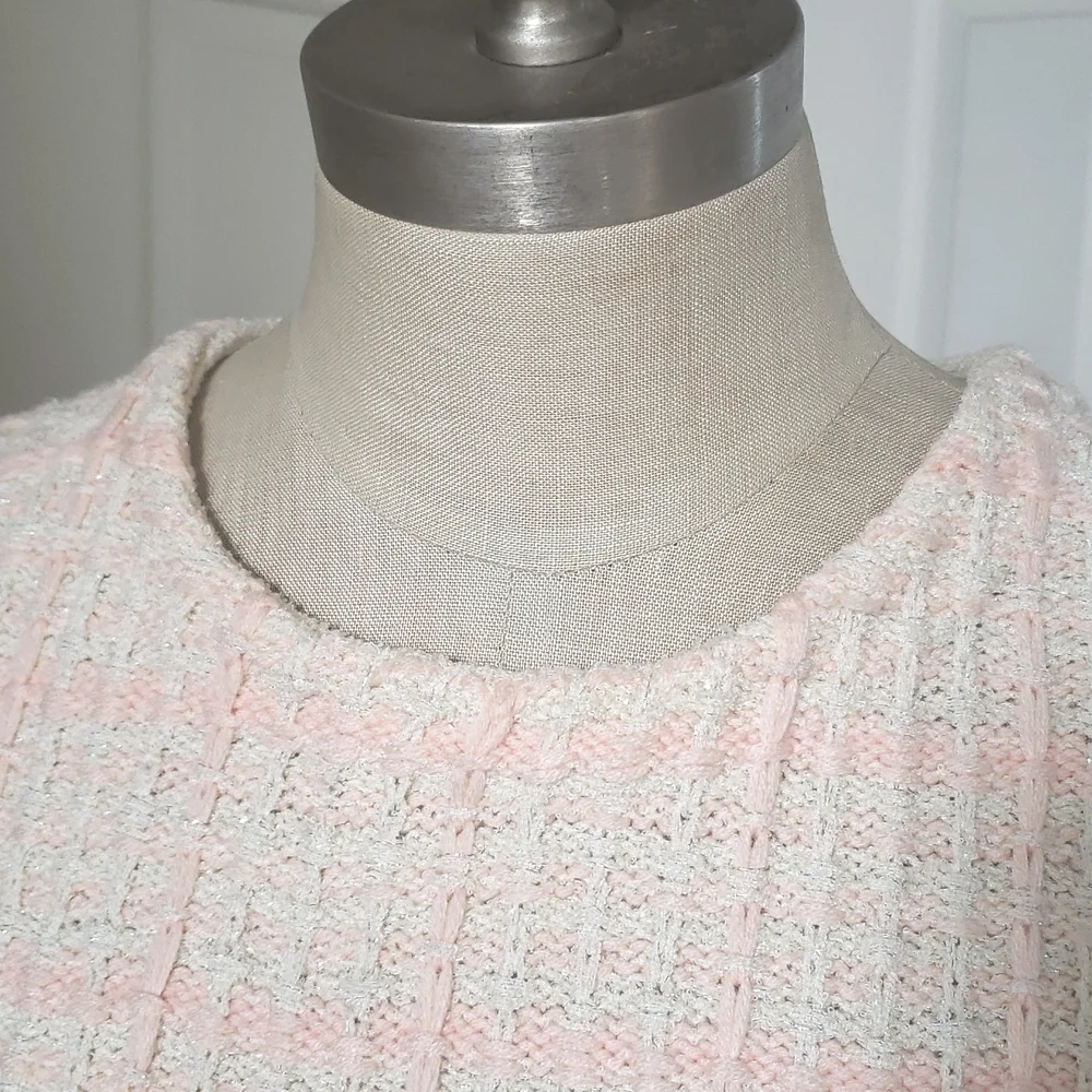 Anthropologie Plaid Tweed Knit Sweater Tee • Fringe Shimmer Pink Cream M - Picture 8 of 12
